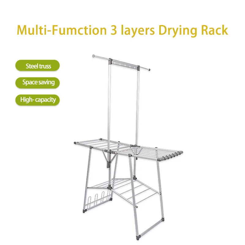 Aluminium Alloy Multi-Function 3 Layers Drying Rack Shelves Laundry Foldable Clothes Drying Rack with Steel Truss