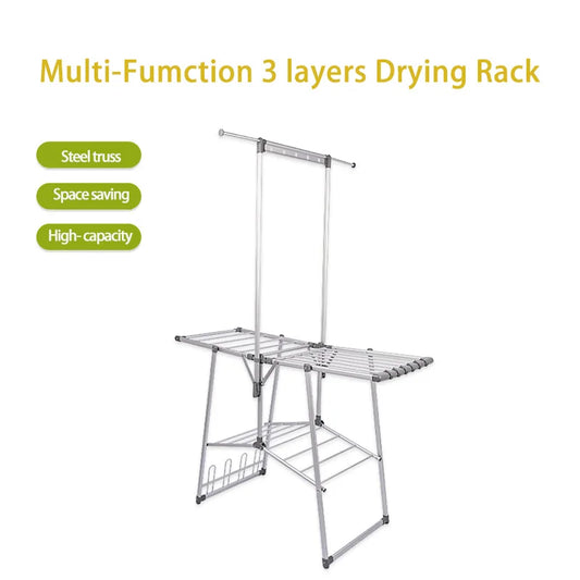 Aluminium Alloy Multi-Function 3 Layers Drying Rack Shelves Laundry Foldable Clothes Drying Rack with Steel Truss
