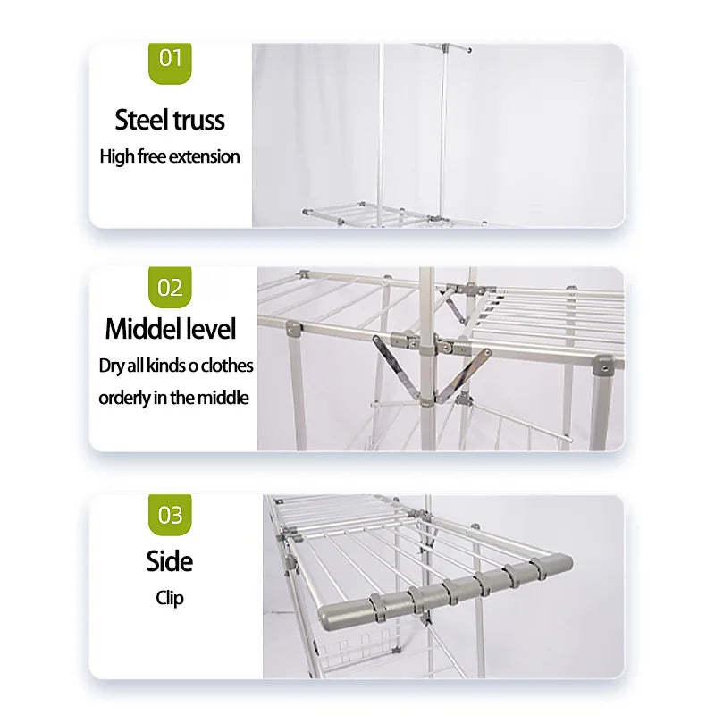 Aluminium Alloy Multi-Function 3 Layers Drying Rack Shelves Laundry Foldable Clothes Drying Rack with Steel Truss