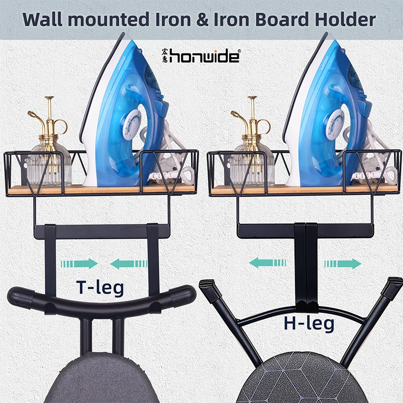 Iron Board Wall Mount Holder Metal with Wooden Base Basket Organization for Laundry Room with Removable Hooks for Wardrobe Space